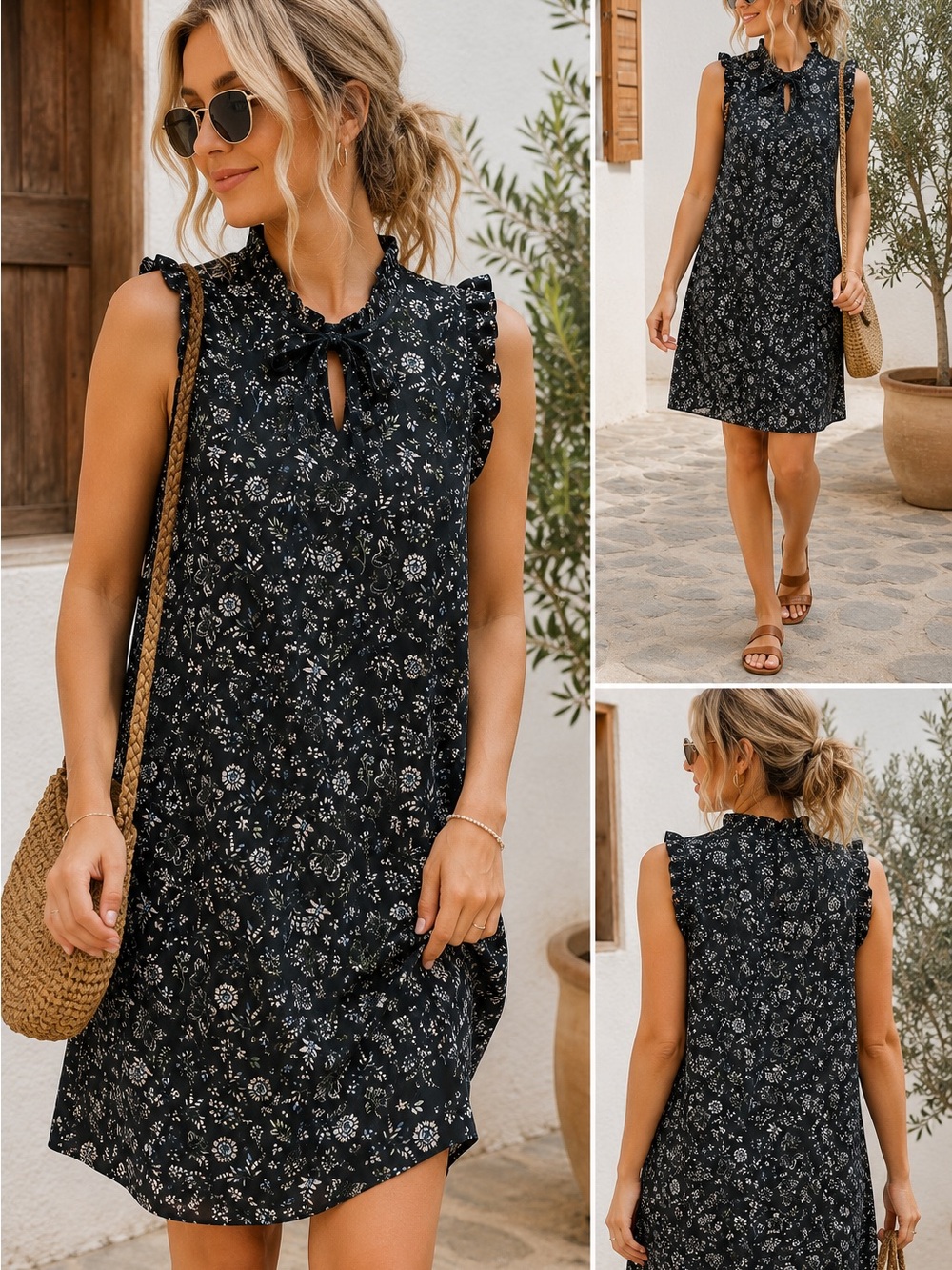 Sleeveless Black Floral Tie-Neck Shift Dress